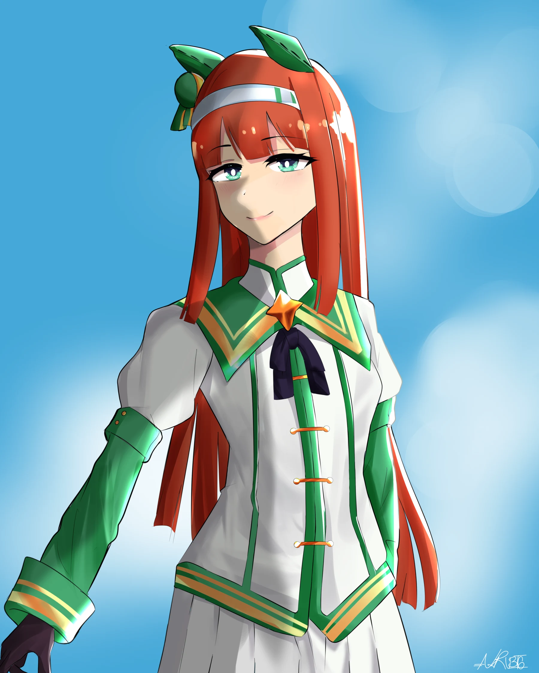 Red-haired anime character in a green and white uniform against a clear blue background