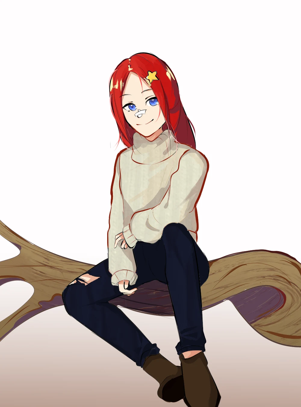 Full-body illustration of a red-haired character seated on a tree branch