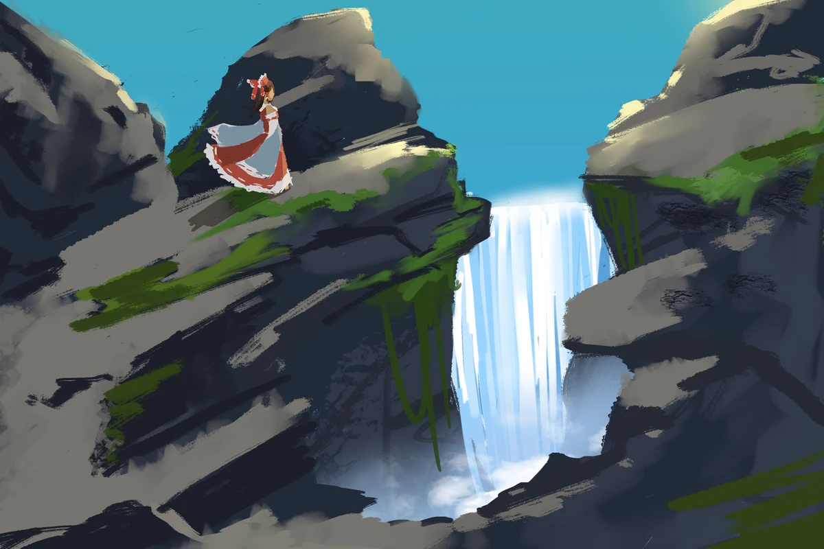 Small figure standing above a waterfall in a dramatic rocky landscape